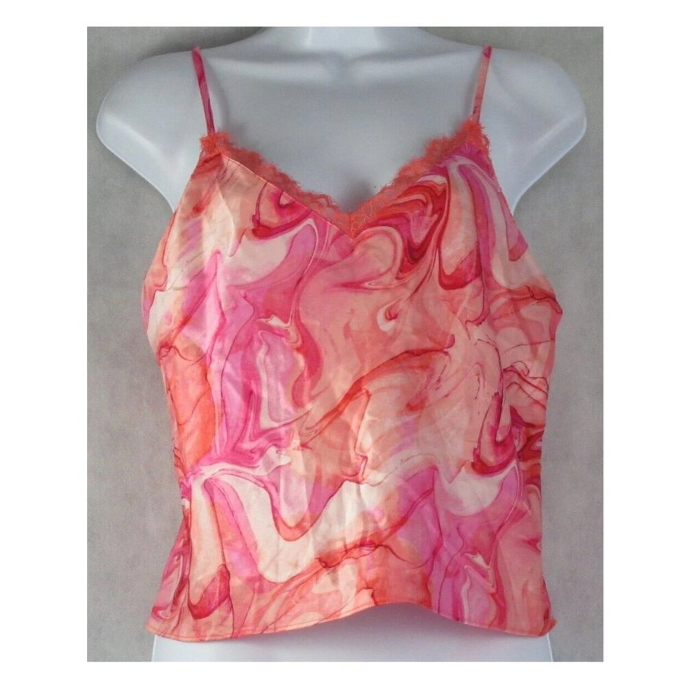 INC Women's Sleeveless Lace-Trim Satin Pajama Top, Pink Marble Multi, Large